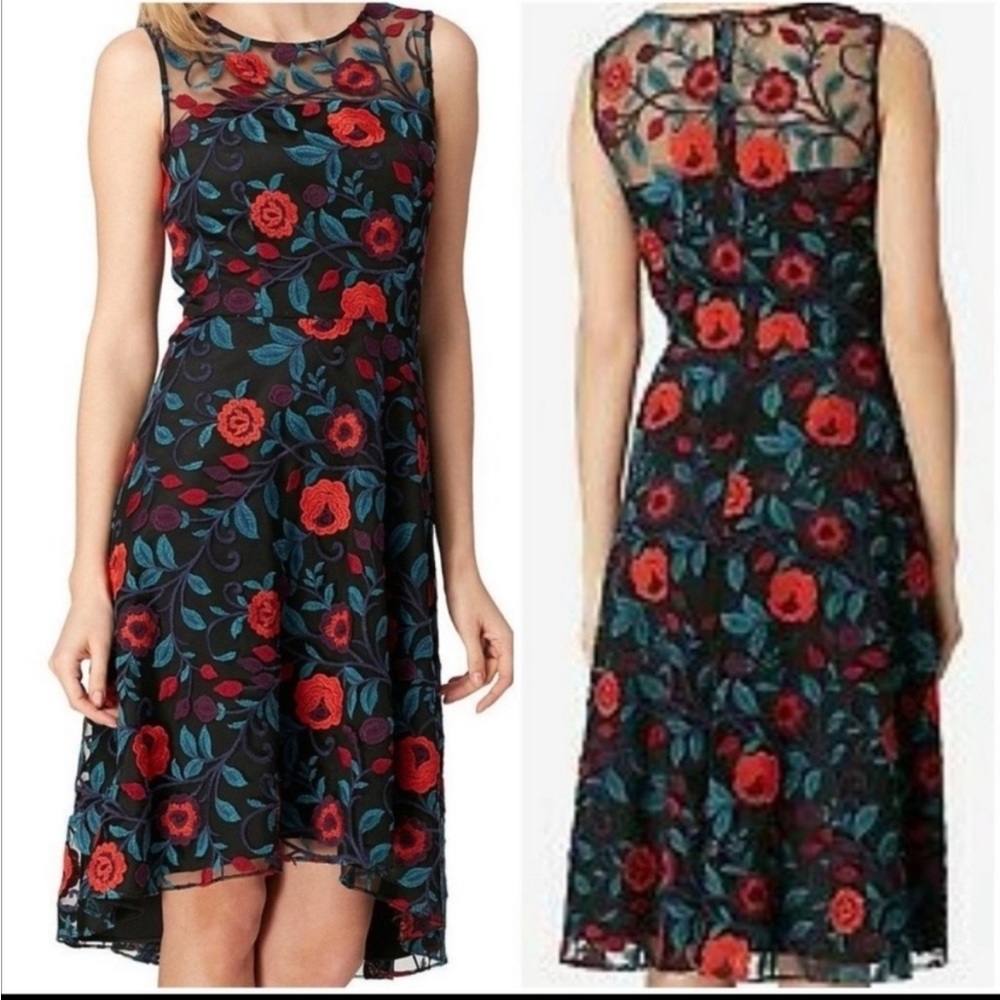 Tahari ASL Black Floral Asymmetrical Dress